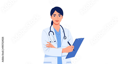 Confident Female Doctor Illustration with Stethoscope & Clipboard. Smiling Healthcare Professional Vector