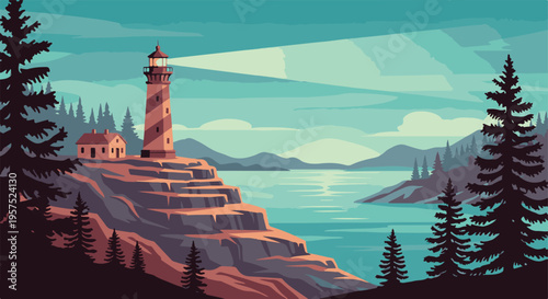 Scenic Lighthouse on Rocky Coastline with Sunrise over Serene Ocean