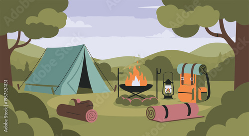 Camping scene illustration with tent, campfire, and hiking gear in nature