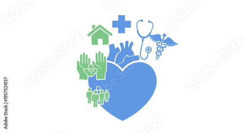 Holistic Healthcare and Wellness Concept with Medical, Home, and Community Support Icons Centered on a Heart