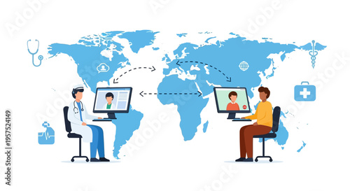 Global Telemedicine: Doctor and Patient Video Call for Remote Healthcare Consultation Across World Map
