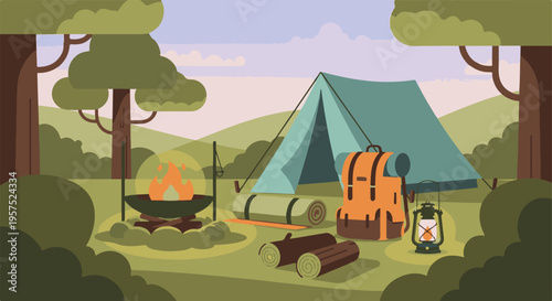 Flat design illustration of an outdoor camping site with tent and campfire.