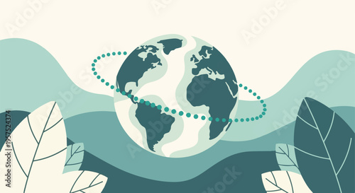 Stylized globe with connecting dotted line, leaves, and rolling hills