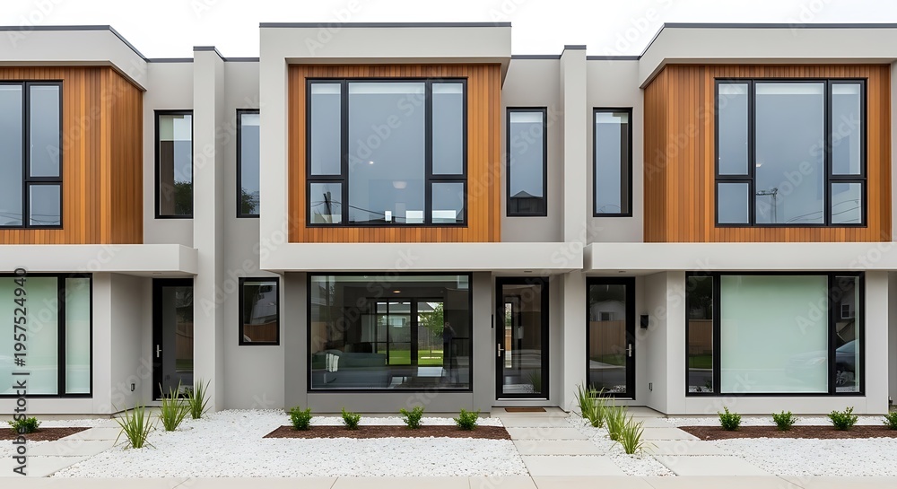 Obraz premium A row of contemporary townhouses features striking wood and concrete facades.
