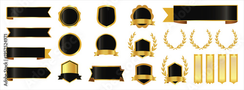 Luxury Golden Labels Set with Gold Banners, Ribbons and VIP Badges Vector,Award certificate stamp, retro quality seal, promotion emblem