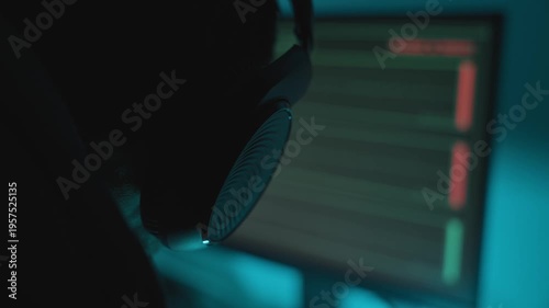 Close up on person wearing headphone next to audio recording computer device. Dark studio or control room in surveillance operation. Wiretapping and listening to illegal activity shady conversation