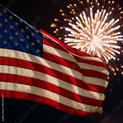American flag waving with fireworks in the background