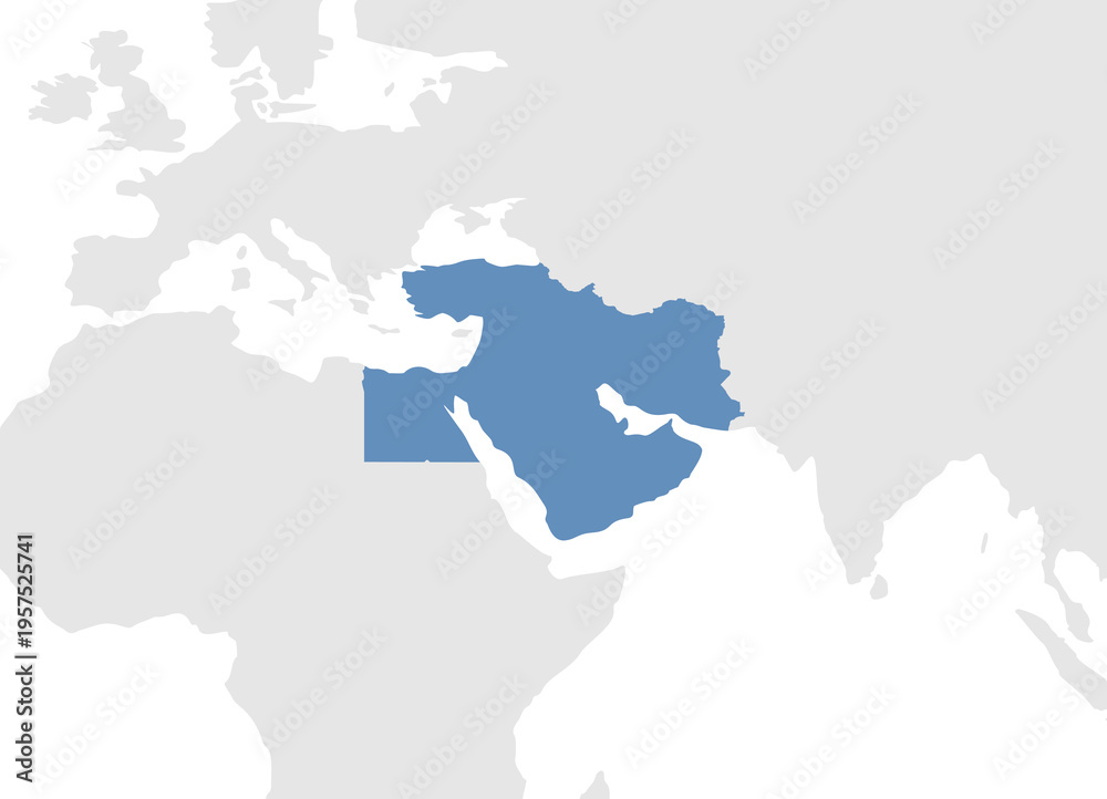 Obraz premium Blue map of the Middle East in the center of a part of the world map with Europe, Africa and Asia. Flat vector illustration
