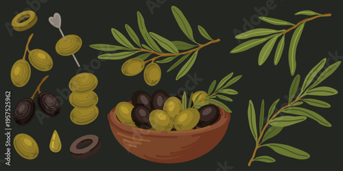 Olives set green black branches leaves olive oil bowl drop dark background food ingredients collection mediterranean cuisine greek Italian