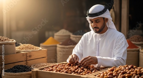 Middle Eastern man arranging fresh dates at a traditional market stall. Authentic souk vendor with spices and dried goods under warm light.