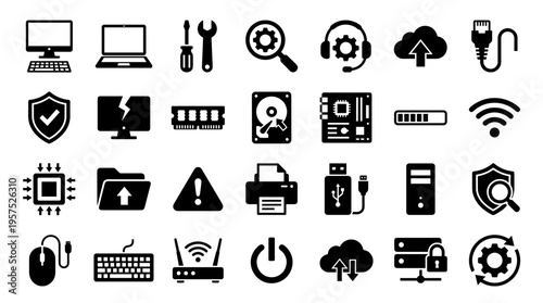 Collection of computer hardware and software icons representing digital technology, data management, and IT support services