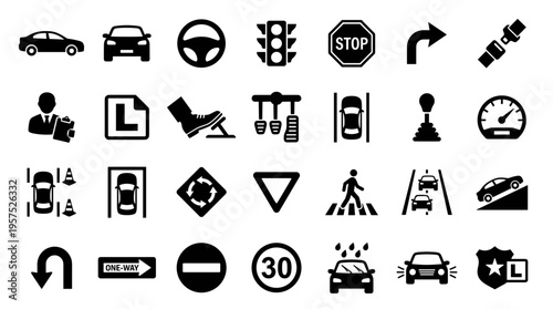 Collection of Driving School Icons and Symbols Representing Traffic Rules Vehicle Operation and Road Safety Education