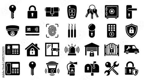 Collection of security and safety icons representing access control surveillance and protection systems for homes and businesses