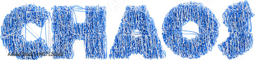 Chaos concept - the letters CHAOS composed of interwoven blue and white threads symbolizing chaos and restlessness. Transparent background