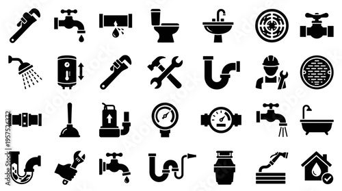 Plumbing icons set featuring tools equipment and fixtures for home repair and maintenance services