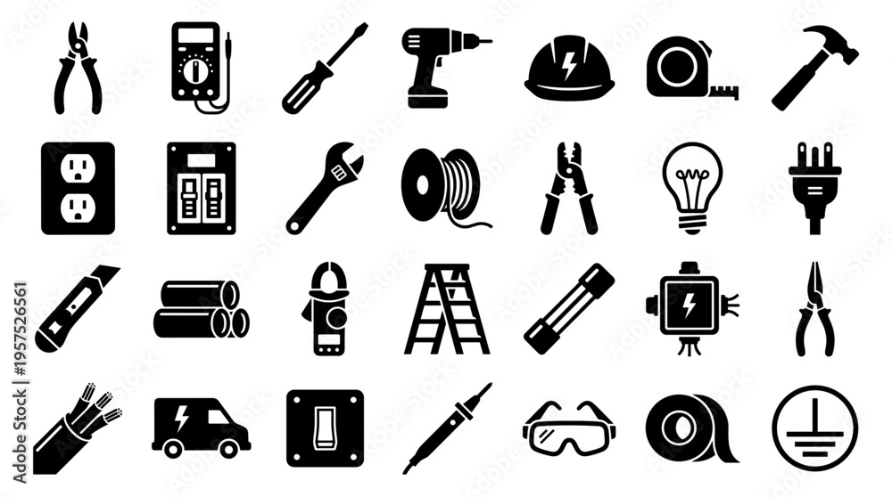 Fototapeta premium Collection of electrical tools and equipment icons representing repair maintenance and construction services with safety gear and power supplies