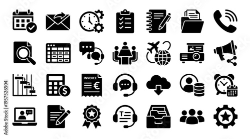 Collection of modern flat icons representing business, finance, communication, and technology concepts for web and app design