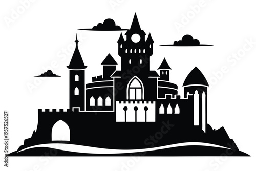 irish castle silhouette line art vector illustration