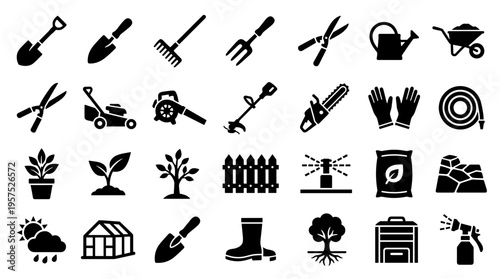 Collection of garden and landscaping tools and equipment icons representing outdoor maintenance and cultivation activities