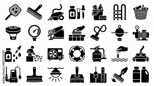 Collection of pool maintenance equipment and supplies icons for cleaning and care services