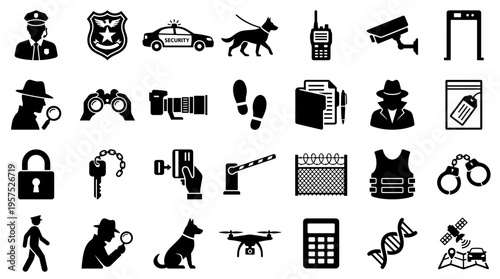 Collection of security and investigation icons representing law enforcement crime prevention surveillance and detection symbols