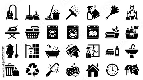 Collection of cleaning service icons representing household chores and hygiene symbols for home maintenance and sanitation