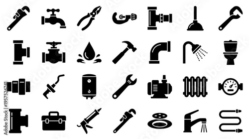 Collection of plumbing tools and equipment icons representing home repair and maintenance services in a clean graphic design