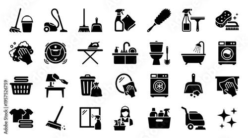 Collection of cleaning tools and equipment icons representing household chores and hygiene services for domestic and professional use