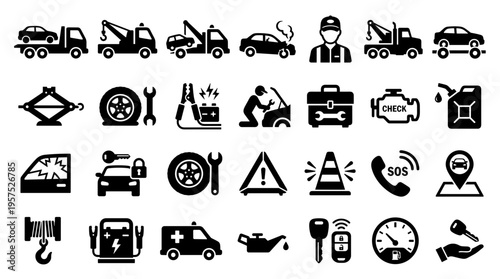 Collection of car service and roadside assistance icons representing towing repair emergency help and vehicle maintenance symbols