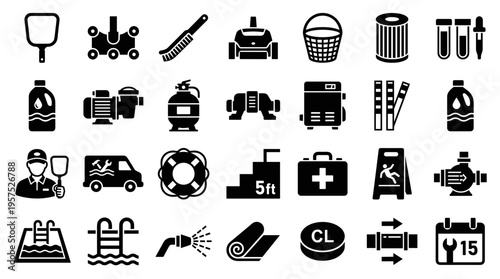 Collection of pool maintenance and cleaning equipment icons and symbols for pool care services and supplies