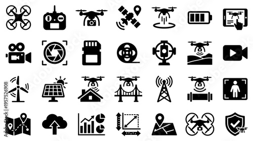 Collection of drone technology icons representing aerial surveillance data analysis mapping and smart city infrastructure development