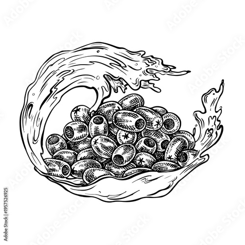 A splash of oil over a handful of olives. A black and white vector illustration drawn by hand. A design element for menus, recipes, and cookbooks. For banners, packaging, labels, and more.