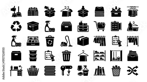 Collection of icons representing organization storage cleaning and moving household items and logistics for home and business management