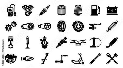 Collection of motorcycle and automotive spare parts and tools icons for repair and maintenance services