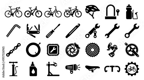 Collection of bicycle parts and repair tools icons representing cycling maintenance and equipment for sport and hobby