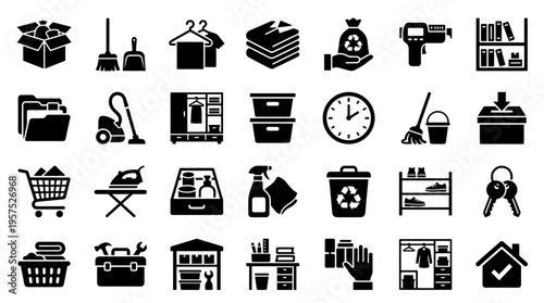 Collection of household and cleaning icons representing organization storage and tidiness for home and office management concepts
