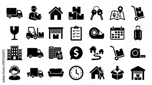 Moving and logistics icons set for relocation services and delivery business, including truck, boxes, house, keys, calendar, and more.