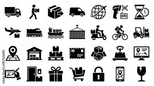 Logistics and delivery icons set representing shipping transportation and supply chain management services with modern icons for online business operations