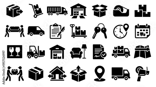 Logistics and delivery icons set representing shipping storage transportation and moving services with boxes trucks and warehouse symbols