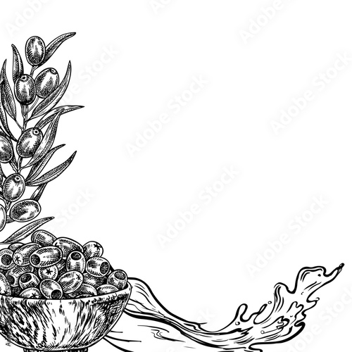 Olive frame. Black and white vector illustration drawn by hand. A handful of pitted olives in a wooden bowl, an olive branch, and some oil. For creating labels, prints, packaging, posters, and more.