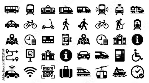 Collection of modern transportation and travel icons representing various modes of transit and related services for mobility concepts