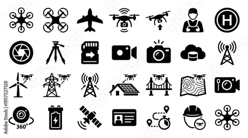 Drone technology and aerial surveillance icons representing innovation industry and modern communication systems for business and surveillance applications