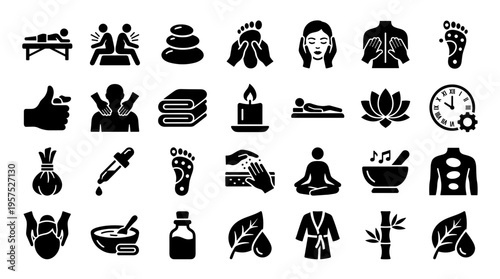 Collection of spa and wellness icons representing massage therapy aromatherapy relaxation and natural healing treatments