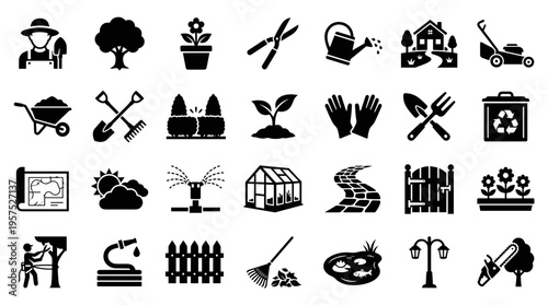 Collection of gardening icons representing tools plants and outdoor activities for landscaping and home improvement projects