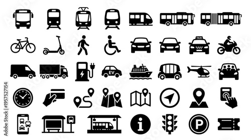 Collection of transportation icons representing various vehicles public transit and travel services for city navigation and mobility concepts