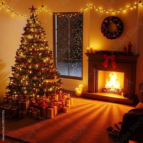 A cozy christmas scene with a tree and fireplace