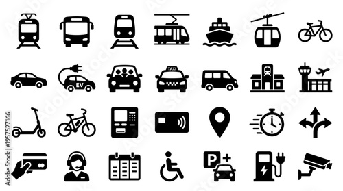 Collection of modern transportation and urban mobility icons representing various vehicles services and infrastructure for city travel