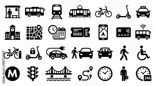 Collection of urban transportation and city services icons representing public transit mobility and smart city concepts