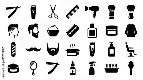 Barber shop icons set for men grooming and hair styling services collection of professional tools and accessories for barbershop business and personal care