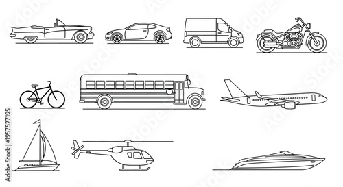 A collection of various transportation modes illustrated as simple black and white line drawings